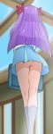  1girl ass bag blue_skirt bow from_below hair_bow haruyama_kazunori highres kaguya_madoka long_hair no_panties precure purple_hair red_bow skirt socks solo standing star_twinkle_precure 