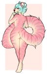  2019 anthro blue_hair butt female fluffy fluffy_tail fur hair long_tail looking_back mammal mink mustelid musteline nude pink_fur rear_view simple_background solo sweetsart thick_thighs white_background wide_hips 