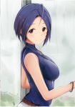  1girl ahoge bangs bare_shoulders blue_hair bracelet breasts from_side idolmaster jewelry large_breasts looking_at_viewer miura_azusa nannacy7 necklace parted_bangs red_eyes shirt short_hair sleeveless sleeveless_shirt smile solo 