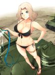  1girl bikini black_bikini blonde_hair blue_eyes breasts brown_footwear cleavage collarbone commentary_request cowboy_shot day front-tie_bikini front-tie_top full_body girls_und_panzer grin ground_vehicle hair_intakes head_tilt holding hose kay_(girls_und_panzer) large_breasts long_hair looking_at_viewer m4_sherman military military_vehicle motor_vehicle nail_polish navel nokogiriotoko on_vehicle outdoors red_nails sandals side-tie_bikini smile solo standing swimsuit tank thigh_strap toenail_polish water 