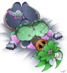  2019 absurd_res big_breasts blaster_master blaster_master_zero_2 blush bodysuit breasts cleavage clothed clothing eyewear female flora_fauna flower food fruit goggles green_skin hi_res huge_breasts huge_thighs humanoid kanna_(blaster_master) melon not_furry plant simple_background skinsuit solo superix thick_thighs thigh_gap tight_clothing video_games voluptuous watermelon wide_hips 