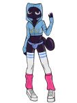  2019 anthro black_fur blue_bottomwear blue_topwear bulge catboy_(comic) clothed clothing crossdressing denim_shorts digital_media_(artwork) domestic_cat felid feline felis footwear fur half-closed_eyes henry_(catboy) hi_res hoodie legwear male mammal midriff shoes shorts simple_background smile smirk solo standing thigh_highs white_background white_shoes zambs 