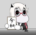  (o)_(o) 1girl bespectacled comic formal glasses hair_between_eyes holding holding_sign horns kantai_collection long_hair microphone moomin muppo necktie sazanami_konami shinkaisei-kan sign solo suit upper_body variations watch 
