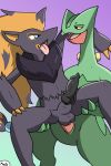  2019 absurd_res anal anal_penetration animal_genitalia balls baron_montesque canid canine cel_shading claws digital_media_(artwork) duo erection fan_character feral fur grey_fur hair hi_res male male/male mammal nintendo nude on_top open_mouth penetration penis pok&eacute;mon pok&eacute;mon_(species) reverse_cowgirl_position sceptile sex signature simple_background smile tongue video_games zoroark 
