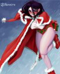 1girl adapted_costume ankle_boots arms_behind_back artist_name belt boots box breasts christmas cleavage cloak dc_comics erect_nipples forehead_jewel gem gift gift_box grey_skin hat highres hood hooded_cloak large_breasts leaning_forward leg_up legs legs_together looking_at_viewer messy_hair purple_eyes purple_hair raven_(dc) red_cloak red_eyes red_footwear santa_hat short_hair solo teen_titans thighs tsundere zillionaire 
