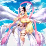  1girl absurdres angel_wings angewomon asymmetrical_clothes bare_shoulders belt black_belt blonde_hair breastplate breasts cameltoe cleavage cloud commentary digimon elbow_gloves english_commentary feathers flying gloves head_wings helmet highres huge_filesize large_breasts long_hair lovesexieie mismatched_legwear multiple_wings navel pink_ribbon ribbon single_glove sky solo thigh_strap white_feathers white_footwear white_gloves white_legwear white_wings wings 