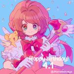  1girl bangs blue_background bow card_captor_sakura collar dress eyes_visible_through_hair frilled_collar frilled_sleeves frills fuuin_no_tsue gloves happy_birthday heart highres holding kero kinomoto_sakura looking_at_viewer mameeekueya pink_dress pink_headwear puffy_short_sleeves puffy_sleeves red_bow short_sleeves simple_background smile twitter_username upper_body wand white_bow white_gloves 