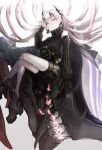  1girl abyssal_crane_hime black_gloves detached_sleeves earrings full_body gloves glowing glowing_eyes hair_between_eyes highres horns japanese_clothes jewelry kantai_collection long_hair machinery red_eyes shinkaisei-kan sitting solo twintails weasel_(close-to-the-edge) white_hair white_skin 