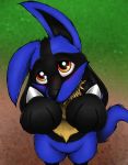  anthro big_eyes black_fur black_nose blue_fur blush fluffy fur fuzballarts hi_res looking_up lucario male nintendo paws pok&eacute;mon pok&eacute;mon_(species) puppy_eyes red_eyes simple_background solo spikes video_games yellow_fur 