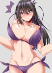  absurdres ar_(lover_boy) bare_shoulders bikini black_hair blush breast_slip breasts cleavage commentary_request cowboy_shot embarrassed eyebrows_visible_through_hair grey_background hair_between_eyes highres large_breasts long_hair midriff navel original purple_bikini purple_eyes simple_background swimsuit 