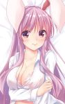  1girl animal_ears bangs bed_sheet blush bra breast_hold breasts bunny_ears cleavage collarbone commentary_request eyebrows_visible_through_hair highres kue large_breasts lips long_hair long_sleeves looking_at_viewer lying on_back pink_bra purple_hair red_eyes reisen_udongein_inaba shirt solo touhou underwear upper_body very_long_hair white_shirt wing_collar 