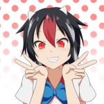  1girl bangs black_hair blue_bow blue_neckwear blush bow cato_(monocatienus) commentary_request double_v dress fang grin hair_between_eyes hands_up horns kijin_seija looking_at_viewer multicolored_hair polka_dot polka_dot_background red_eyes red_hair red_sailor_collar sailor_collar short_hair short_sleeves smile solo streaked_hair touhou upper_body v white_background white_dress white_hair 