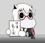  (o)_(o) 1girl bespectacled comic commentary_request formal glasses hair_between_eyes holding holding_sign horns kantai_collection long_hair microphone moomin muppo necktie sazanami_konami shinkaisei-kan sign solo suit translation_request upper_body watch 