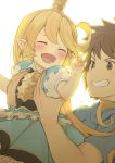  1boy 1girl :d ^_^ backlighting blonde_hair blush brown_eyes brown_hair carrying charlotta_fenia closed_eyes crown eyes_closed fang gran_(granblue_fantasy) granblue_fantasy grin happy harvin long_hair open_mouth pointy_ears puffy_short_sleeves puffy_sleeves short_sleeves simple_background smile very_long_hair walkalone white_background 