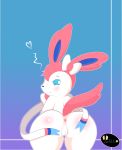  2019 absurd_res anthro blue_eyes blush butt canid canine digital_media_(artwork) eeveelution female feral fur hi_res looking_at_viewer mammal nintendo nude pok&eacute;mon pok&eacute;mon_(species) pussy ribbons simple_background solo sylveon video_games white_fur yiankut_kugt 
