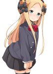  1girl abigail_williams_(fate/grand_order) absurdres aikawa_ryou alternate_costume bangs black_bow black_headwear black_jacket black_legwear black_skirt blonde_hair blue_eyes blush bow bowtie commentary_request dot_nose eyebrows_visible_through_hair fate/grand_order fate_(series) hair_bow hat highres jacket long_hair long_sleeves looking_at_viewer orange_bow parted_bangs polka_dot polka_dot_bow red_bow red_neckwear school_uniform shirt simple_background skirt smile solo thighhighs white_background white_shirt 