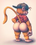  2019 anthro backwards_baseball_cap baseball_cap big_butt bitfly bottomless butt cartoon_network clothed clothing digital_media_(artwork) fur gradient_background hairy hat hi_res jake_spidermonkey looking_back male mammal monkey my_gym_partner&#039;s_a_monkey orange_fur primate raised_tail rear_view shirt signature simple_background smile solo spider_monkey 