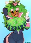  2019 big_breasts blaster_master blaster_master_zero_2 blush bodysuit breasts clothed clothing eyewear female flora_fauna flower food fruit goggles green_nipples green_skin hi_res hotkeke1 humanoid kanna_(blaster_master) melon nipple_slip nipples not_furry one_eye_closed plant simple_background skinsuit solo tight_clothing video_games watermelon wide_hips wink 