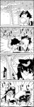  4koma animal_ears arms_up brooch cherry_blossoms comic commentary_request cork dancing emphasis_lines flower futatsuiwa_mamizou glasses gleam greyscale hanami highres holding_jar imaizumi_kagerou jar jewelry kneeling leaf leaf_on_head long_hair monochrome peeking petals pince-nez raccoon_ears raccoon_tail shawl short_hair smile tail tail_wagging tani_takeshi touhou translation_request tree wolf_ears wolf_tail yukkuri_shiteitte_ne 