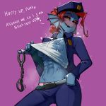  1girl abs ahoge belt blue_pants blue_skin blush breasts chief_undyne cleavage_reach commentary cowboy_shot cuffs deltarune english_commentary english_text eyeshadow gills half-closed_eyes handcuffs hat head_fins highres huge_ahoge jacket krekk0v long_hair makeup medium_breasts monster_girl muscle muscular_female naughty_face navel no_bra no_nose nose_blush open_clothes open_jacket panties pants peaked_cap pink_panties pinky_out police police_hat police_uniform policewoman ponytail purple_background red_hair sharp_teeth shirt solo sweat teasing teeth trembling underboob underwear undressing undyne uniform wet wet_clothes wet_shirt wet_t-shirt yellow_sclera 