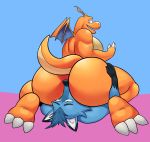  absurd_res blue_fur canid canine dragon dragonite elfein facesitting fox fur hi_res male male/male mammal miscellanea moobs nintendo pok&eacute;mon pok&eacute;mon_(species) video_games 