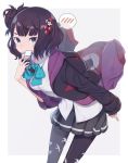  1girl bangs black_jacket black_legwear blue_bow blue_eyes bow breasts cellphone commentary_request covered_mouth eyebrows_visible_through_hair fate/grand_order fate_(series) hair_ornament holding hood hooded_jacket jacket katsushika_hokusai_(fate/grand_order) long_sleeves looking_at_viewer miniskirt octopus pantyhose phone pleated_skirt shirt short_hair skirt sleeves_past_wrists solo speech_bubble totatokeke white_shirt 