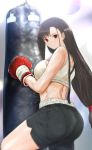  1girl akabeko ass bare_shoulders boxing_gloves breasts brown_hair final_fantasy final_fantasy_vii highres large_breasts long_hair looking_at_viewer pantylines red_eyes shiny shiny_hair shiny_skin shorts sideboob smile solo sweat tifa_lockhart very_long_hair 