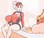  1boy 1girl alternate_costume bare_legs bathtub blue_eyes breasts feet_out_of_frame goggles goggles_on_headwear highres indoors khan_(paladins) lian_(paladins) lifeguard long_hair long_sleeves open_mouth paladins parody red_headwear rubber_duck sitting smile splashbrush whistle white_hair 