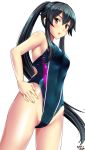  1girl bangs bare_shoulders black_hair blush breasts brown_eyes commentary_request competition_swimsuit covered_navel cowboy_shot eyebrows_visible_through_hair gluteal_fold hair_between_eyes hair_over_shoulder hand_on_hip highleg highleg_swimsuit highres kantai_collection long_hair looking_at_viewer medium_breasts one-piece_swimsuit open_mouth ponytail sideboob simple_background skindentation solo standing swimsuit thighs tsuchimiya very_long_hair white_background yahagi_(kantai_collection) 