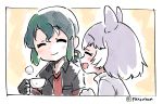  2girls :d ^_^ animal_ears artist_name black_gloves black_jacket closed_eyes commentary_request cup dog_(kemono_friends) dog_ears eyebrows_visible_through_hair eyes_closed facing_another gloves green_hair grey_hair holding holding_cup jacket kaban_(kemono_friends) kemono_friends long_hair medium_hair multiple_girls open_mouth panzuban red_shirt shirt sketch smile twitter_username 