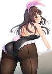  1girl animal_ears artist_request ass bare_shoulders blush breasts brown_hair bunny_ears bunny_tail bunnysuit cameltoe fake_animal_ears from_behind gochuumon_wa_usagi_desu_ka? green_eyes highres hime_cut large_breasts long_hair looking_at_viewer looking_back pantyhose shiny shiny_hair shiny_skin sideboob smile solo tail ujimatsu_chiya wrist_cuffs 