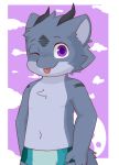  absurd_res briefs chest_tuft clothed clothing cub cynxie_(artist) dragon fur furred_dragon grey_fur hi_res male navel one_eye_closed purple_eyes solo standing tongue tongue_out topless tuft underwear wink young 