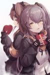  2girls anizi_(anizi9621) box box_of_chocolates brown_hair chocolate commentary eyebrows_visible_through_hair fingerless_gloves gift girls_frontline gloves grey_hair heart heart-shaped_box highres hood hooded_jacket jacket long_hair long_sleeves looking_at_viewer multiple_girls open_clothes open_jacket pink_eyes scar scar_across_eye shirt ump45_(girls_frontline) ump9_(girls_frontline) valentine white_shirt yellow_eyes 