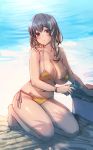 1girl beach_towel bikini blue_eyes blue_hair bow_(bhp) breasts can cleavage closed_mouth commentary_request cooler hair_between_eyes holding holding_can kneeling large_breasts long_hair navel ocean original outdoors solo swimsuit towel wristband 