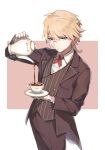  1boy april_fools blonde_hair blue_eyes butler commentary_request cup formal g36_(girls_frontline) genderswap genderswap_(ftm) girls_frontline monocle ponytail pouring saucer shuzi solo suit tailcoat tea teacup teapot white_background 