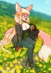 breasts canid canine cleavage clothed clothing female flower fluffy fluffy_tail fox fur hair kaitycuddle long_tail loyse mammal outside plant sitting smile yellow_eyes 