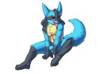  2019 blue_fur bulge canid canine cydonia_xia fur hi_res looking_at_viewer lucario male mammal nintendo pok&eacute;mon pok&eacute;mon_(species) red_eyes simple_background solo tongue video_games white_background 