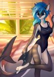  2019 4_toes 5_fingers absurd_res anthro bedroom blue_eyes blue_hair breasts claws clothing detailed_background digital_media_(artwork) ear_piercing erika_(ambris) fangs female fish furgonomics furry-specific_piercing hair hi_res jewelry marine necklace non-mammal one-piece_swimsuit piercing shark short_hair solo standing swimsuit tail_piercing toe_claws toe_curl toes tomatocoup 