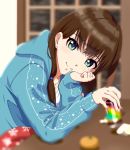  1girl blurry blurry_background blurry_foreground brown_hair can chin_rest earrings green_eyes hair_over_shoulder highres holding holding_can hood hood_down hooded_sweater idolmaster idolmaster_cinderella_girls jewelry kotatsu long_hair long_sleeves looking_at_viewer necklace shibuya_rin shiki_(0802makimari) shirt sitting smile snowflake_print solo sweater table under_kotatsu under_table white_shirt 