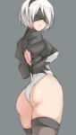  1girl ass black_blindfold black_hairband black_legwear blindfold breasts commentary_request gloves hairband highleg highleg_leotard leotard medium_breasts mokkosu. mole mole_under_mouth nier_(series) nier_automata open_mouth puffy_sleeves short_hair silver_hair simple_background solo standing thighhighs white_hair white_leotard yorha_no._2_type_b 