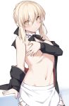 1girl apron artoria_pendragon_(all) artoria_pendragon_(swimsuit_rider_alter) bangs black_neckwear black_ribbon blonde_hair blush breasts closed_mouth covering covering_breasts cowboy_shot eyebrows_visible_through_hair fate/grand_order fate_(series) frilled_apron frills hair_ribbon hairband long_sleeves looking_at_viewer medium_breasts navel neck_garter neck_ribbon off_shoulder ribbon shiseki_hirame short_hair sidelocks simple_background solo stomach topless unzipped waist_apron white_apron white_background yellow_eyes 