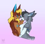  anthro breasts canid canine duo felid feline female female/female finger_in_mouth lynx mammal nipples phallusbro simple_background smile tongue tongue_out 