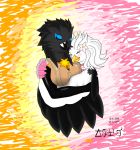 2019 absurd_res anthro avian beak big_breasts bird black_feathers blush breasts clothed clothing digital_drawing_(artwork) digital_media_(artwork) duo eyes_closed feathered_wings feathers female hair hi_res hug jose-497 latina miranda_marcano pink_feathers rakeru simple_background smile standing turpial venezuelan_troupial white_feathers winged_arms wings yellow_feathers 