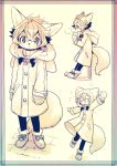  ambiguous_gender anthro beverage big_ears boots border breath canid canine clothed clothing coat cup eyes_closed footwear fox fur furgonomics hair hit_ton_ton hood kemono leggings legwear mammal mittens monochrome open_mouth simple_background smile solo turtleneck 