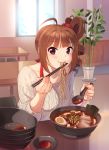  1girl ahoge bowl bra_strap brown_hair chair chopsticks closed_mouth collarbone day drill_hair eating eyebrows_visible_through_hair food holding holding_chopsticks holding_ladle idolmaster idolmaster_million_live! indoors kamille_(vcx68) ladle looking_at_viewer noodles purple_eyes ramen scrunchie short_hair side_drill sitting solo soup sweater table window yokoyama_nao 