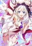  1girl :d armpits blue_eyes boots dress eyebrows_visible_through_hair fate/grand_order fate_(series) gloves hat leaning_forward long_hair looking_at_viewer marie_antoinette_(fate/grand_order) nina_(pastime) open_mouth outstretched_arm short_dress silver_hair sleeveless sleeveless_dress smile solo standing thigh_boots thigh_gap thighhighs white_dress white_footwear white_gloves white_headwear 