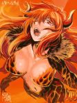  1girl bangs black_collar breasts collar collarbone commentary cropped_legs dola_(nijisanji) dragon_girl dragon_horns from_above fur_collar hair_between_eyes hair_over_one_eye highres horns kurose_kousuke large_breasts long_hair looking_at_viewer navel nijisanji open_mouth orange_background red_eyes red_hair sidelocks signature sketch solo standing virtual_youtuber 