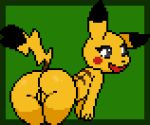 2019 3_fingers bent_over blush_sticker butt cleft_tail digital_media_(artwork) female imactuallygarbage looking_back nintendo open_mouth pikachu pixel_(artwork) pok&eacute;mon pok&eacute;mon_(species) pok&eacute;morph presenting presenting_hindquarters presenting_pussy pussy raised_tail simple_background smile solo video_games 