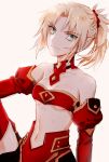  1girl armor bangs bare_shoulders blonde_hair braid breasts collarbone commentary_request detached_sleeves eyebrows_visible_through_hair fate/apocrypha fate_(series) green_eyes hair_ornament long_hair looking_at_viewer mordred_(fate) mordred_(fate)_(all) navel noru_(lila2) parted_bangs ponytail red_scrunchie red_sleeves scrunchie simple_background sleeves small_breasts smile solo white_background yuuki_hagure 