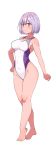  1girl absurdres aiuchi barefoot breasts collarbone competition_swimsuit covered_navel full_body highleg highleg_swimsuit highres large_breasts legs_crossed looking_at_viewer medium_breasts one-piece_swimsuit purple_hair red_eyes shinjou_akane short_hair smile solo ssss.gridman standing swimsuit white_swimsuit wide_hips 